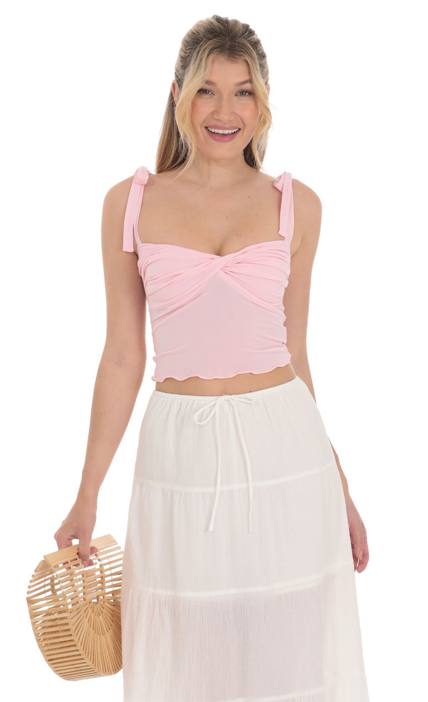 Picture Shoulder Ties Twist Top in Pink. Source: https://media-img.lucyinthesky.com/data/Apr24/850xAUTO/539d41f1-6263-42a9-8338-967377aa7d25.jpg