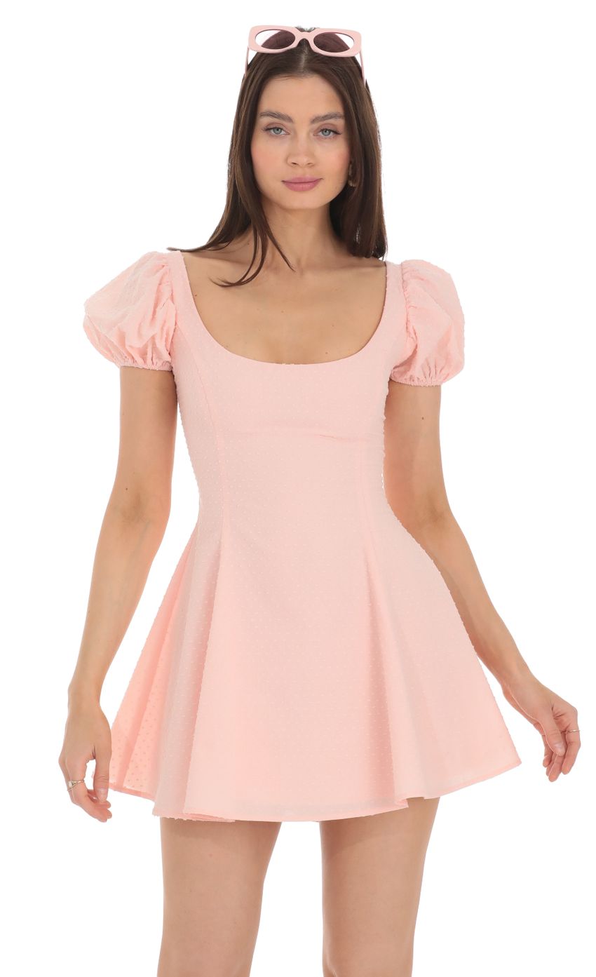 Picture Dotted Puff Sleeve Dress in Pink. Source: https://media-img.lucyinthesky.com/data/Apr24/850xAUTO/583b4ac9-5df2-45d7-8848-7f7ffe0db9a6.jpg
