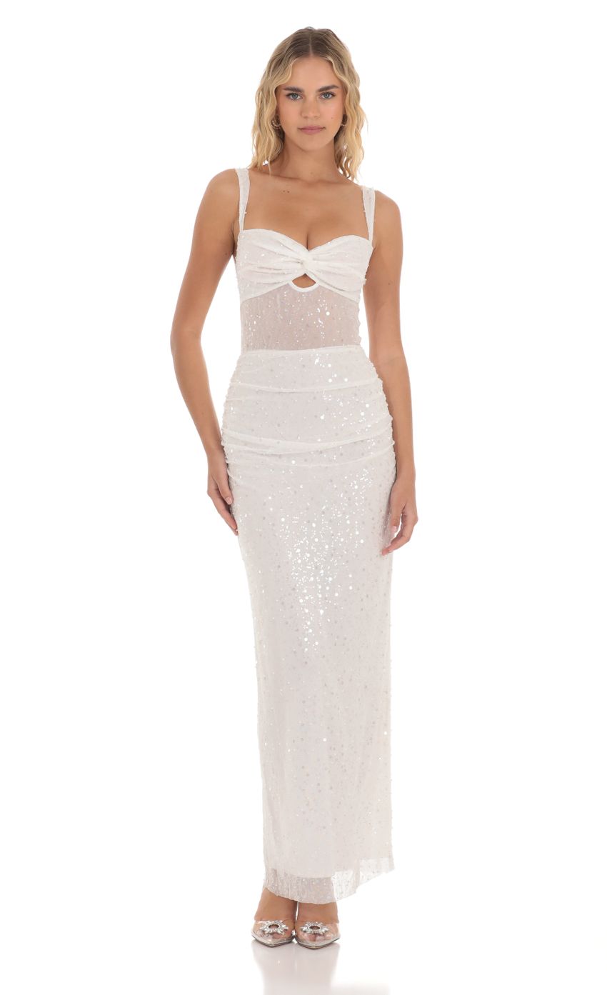 Picture Sequin Pear Twist Ruched Maxi Dress in White. Source: https://media-img.lucyinthesky.com/data/Apr24/850xAUTO/5adc9680-b8bb-4151-8731-3dbab389278d.jpg