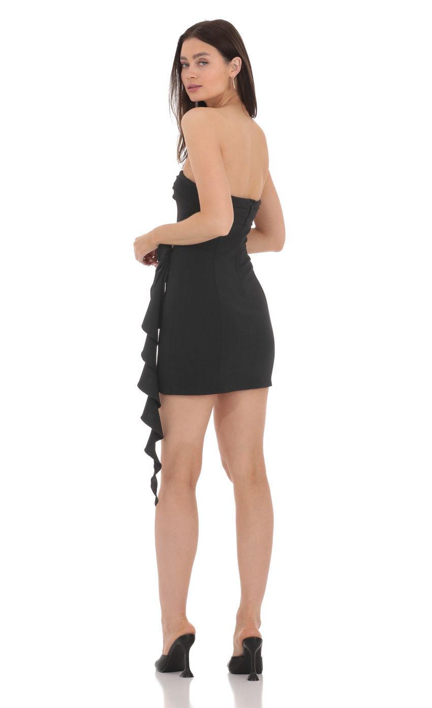Picture Rose Strapless Ruched Tassel Dress in Black. Source: https://media-img.lucyinthesky.com/data/Apr24/850xAUTO/5b19e34a-af60-4b9a-a9cb-b004c9313cf8.jpg