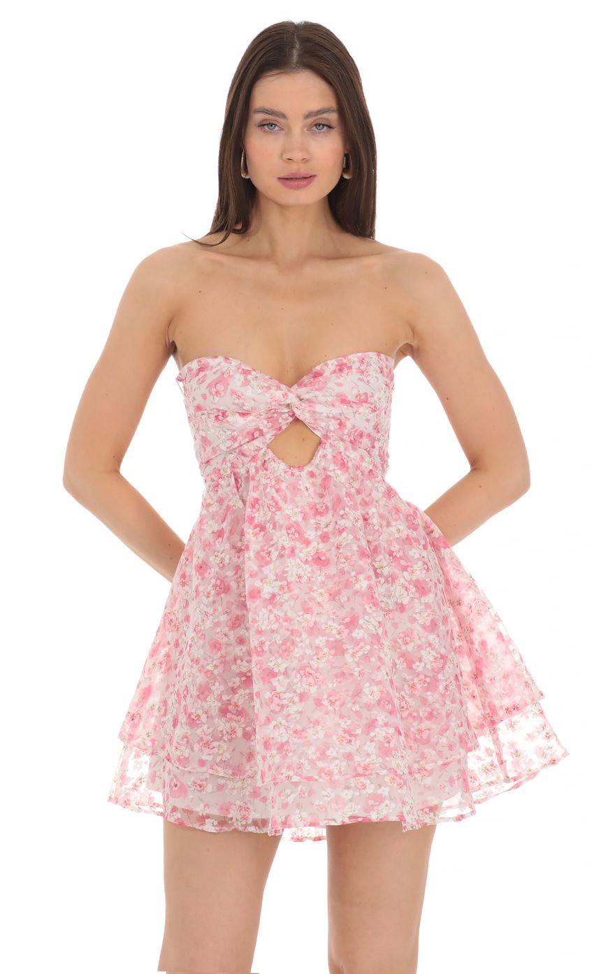 Picture Floral Shimmer Cutout Babydoll Dress in Pink. Source: https://media-img.lucyinthesky.com/data/Apr24/850xAUTO/5e4d2329-8417-4d63-bc5e-9b51c22a1f74.jpg