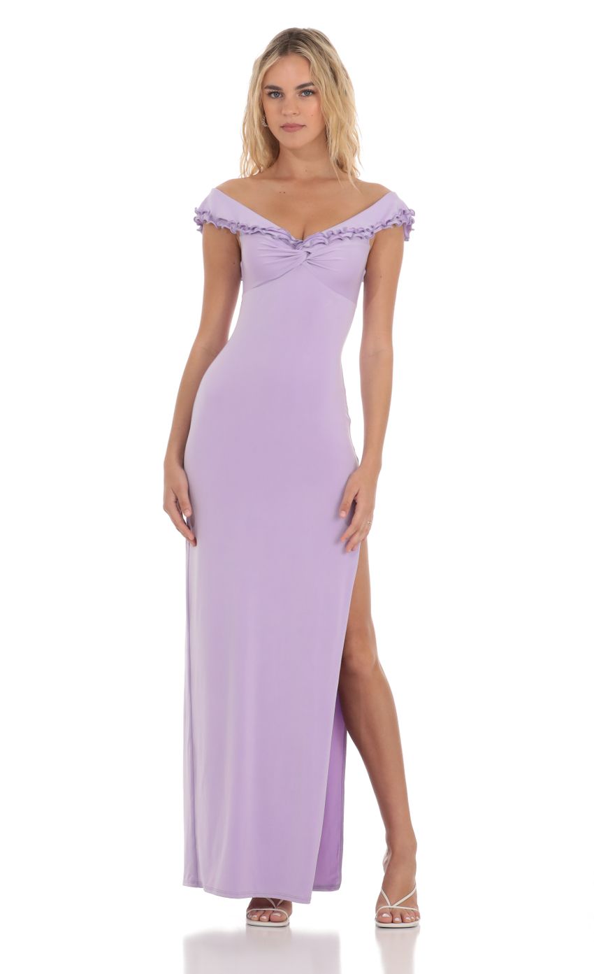 Picture Off Shoulder Twist Maxi Dress in Lavender. Source: https://media-img.lucyinthesky.com/data/Apr24/850xAUTO/6590af87-ff3c-4d78-a2b7-4147a2ad9fd9.jpg