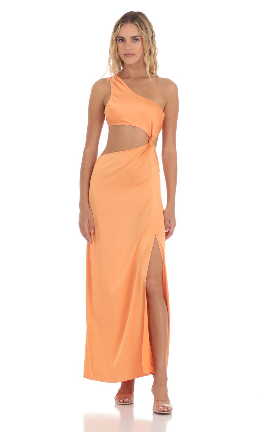 Picture Satin One Shoulder Cutout Dress in Orange. Source: https://media-img.lucyinthesky.com/data/Apr24/850xAUTO/6924268f-8fa1-4a33-9213-65c9e417c5ee.jpg