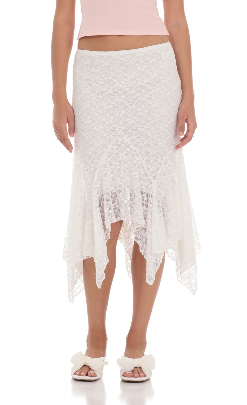 Picture Asymmetrical Lace Midi Skirt in White. Source: https://media-img.lucyinthesky.com/data/Apr24/850xAUTO/6f8d452c-6fd9-43cf-9c78-bdbf75071af4.jpg