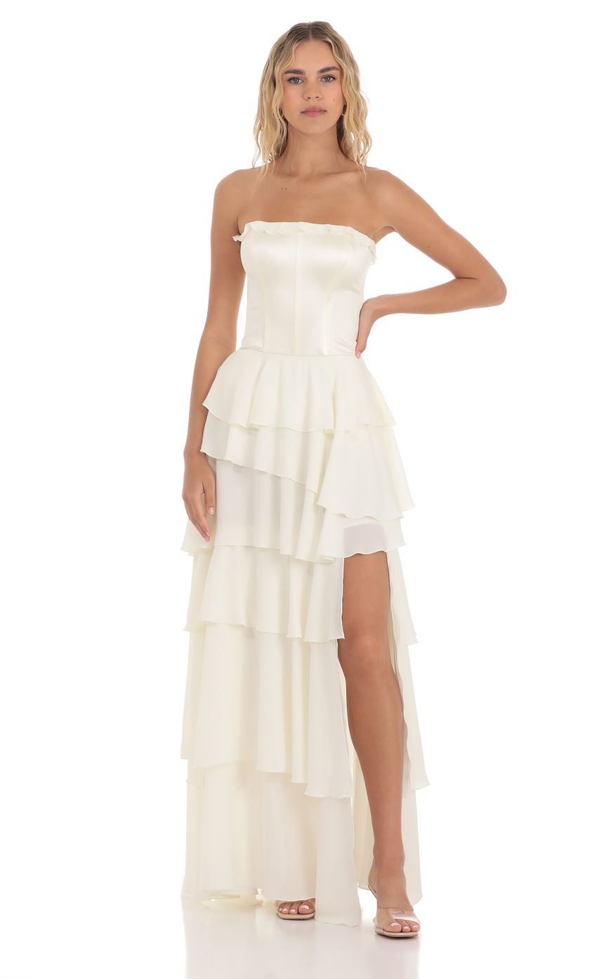 Picture Corset Ruffle Strapless Maxi Dress in Cream. Source: https://media-img.lucyinthesky.com/data/Apr24/850xAUTO/7027b884-e8a4-4f38-9b09-3366927db655.jpg