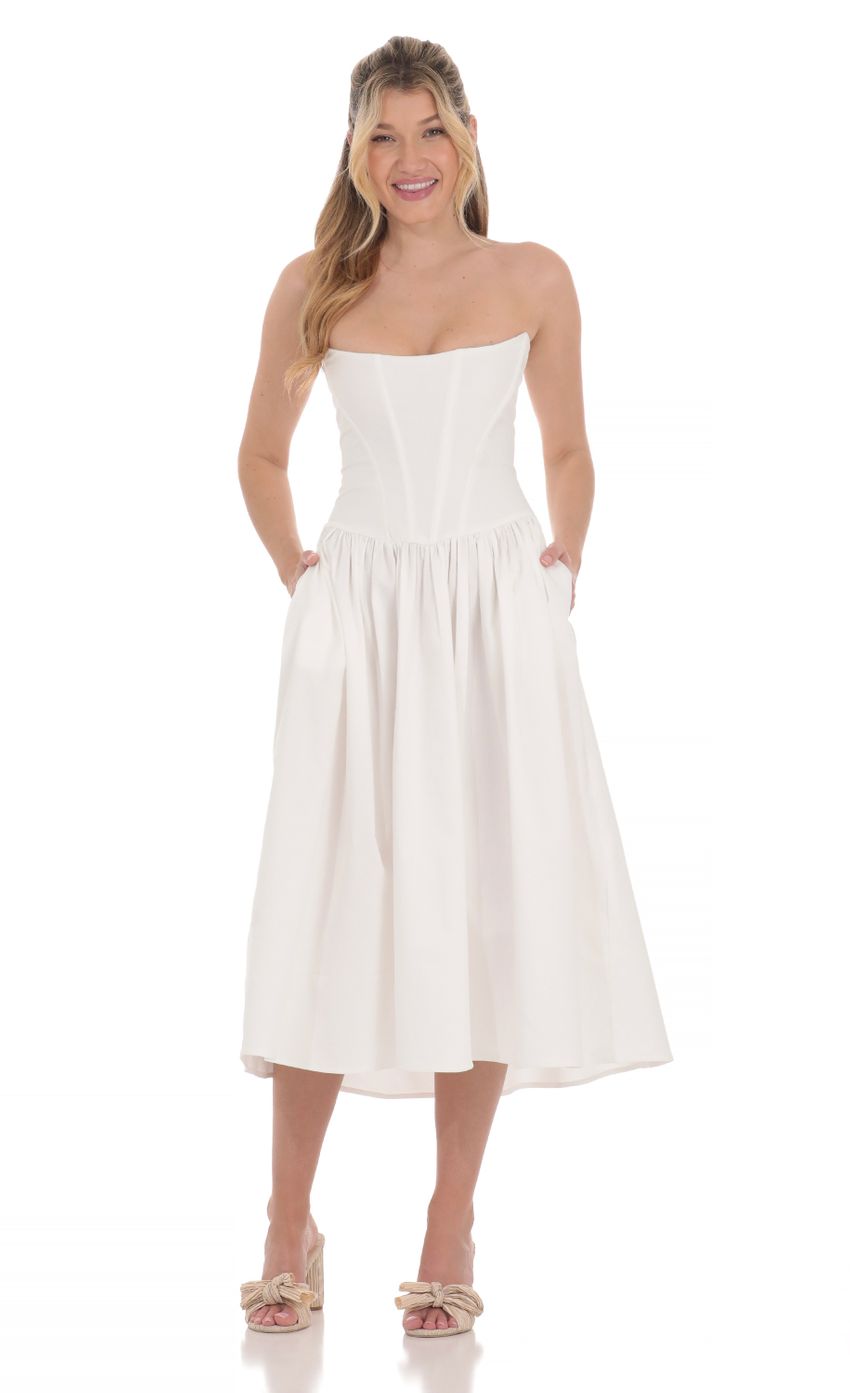 Picture Strapless Corset Midi Dress in White. Source: https://media-img.lucyinthesky.com/data/Apr24/850xAUTO/71e6e8c3-2816-4287-a17c-33caa5d956ed.jpg