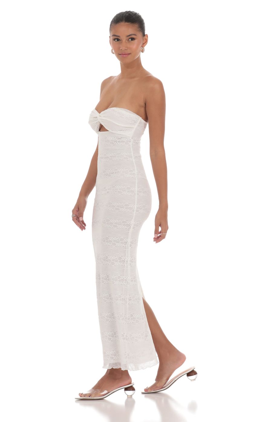 Picture Strapless Lace Twist Maxi Dress in White. Source: https://media-img.lucyinthesky.com/data/Apr24/850xAUTO/883f2d74-3bac-4c90-a1c6-2fe33233e644.jpg
