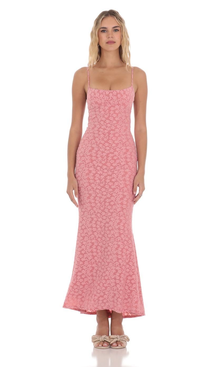 Picture Textured Floral Maxi Dress in Pink. Source: https://media-img.lucyinthesky.com/data/Apr24/850xAUTO/8e3ad673-05c5-40e0-b48c-ee705487f899.jpg