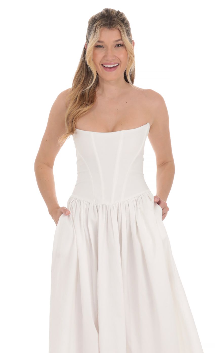 Picture Strapless Corset Midi Dress in White. Source: https://media-img.lucyinthesky.com/data/Apr24/850xAUTO/8e74d405-6cb1-4fe9-8cc8-5511a440a7cd.jpg