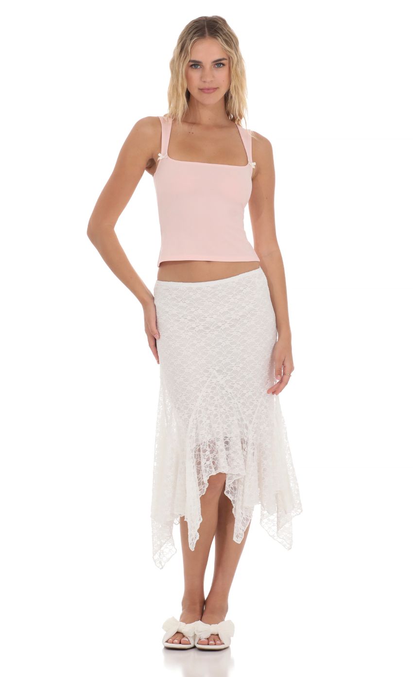 Picture Asymmetrical Lace Midi Skirt in White. Source: https://media-img.lucyinthesky.com/data/Apr24/850xAUTO/95e6936d-47ff-4a56-aa63-d48ad2acb92e.jpg
