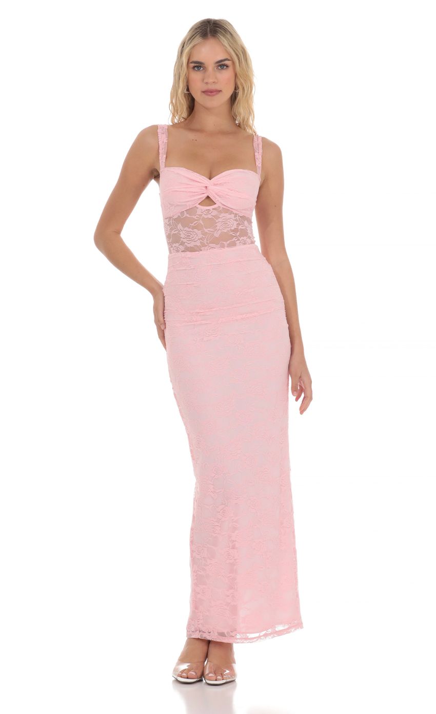 Picture Lace Twist Ruched Maxi Dress in Pink. Source: https://media-img.lucyinthesky.com/data/Apr24/850xAUTO/98a58858-f890-40e6-bc1b-6b6f9b936349.jpg