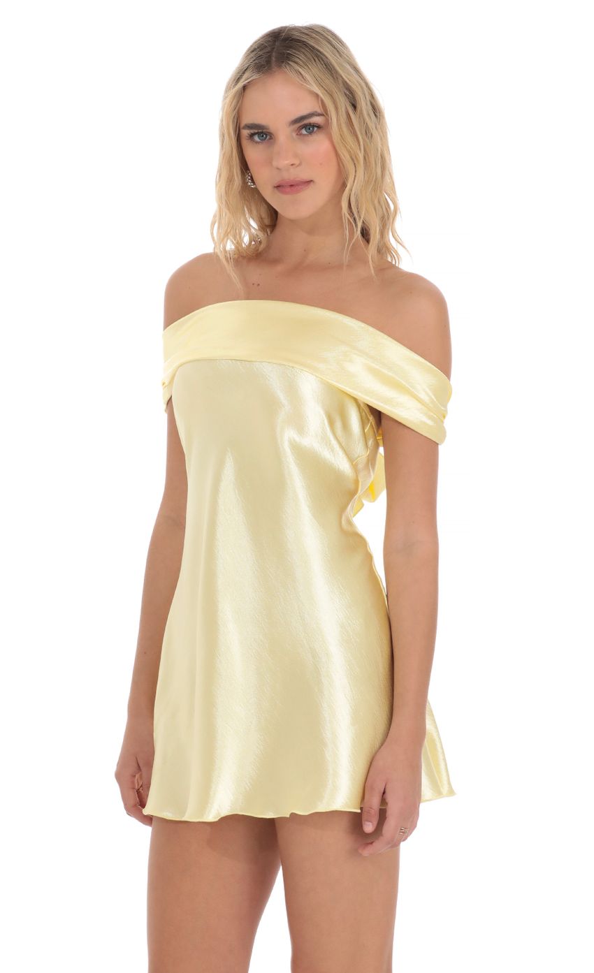 Picture Satin Off Shoulder Dress in Yellow. Source: https://media-img.lucyinthesky.com/data/Apr24/850xAUTO/9a20a3ca-9347-4a59-ae2b-cedb973aae6f.jpg