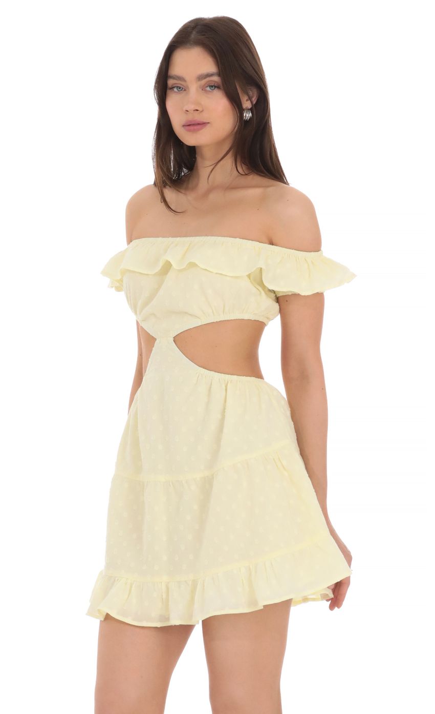 Picture Dotted Off Shoulder Cutout Dress in Yellow. Source: https://media-img.lucyinthesky.com/data/Apr24/850xAUTO/a4ee6cac-2230-495c-9f9f-777f97f9b87e.jpg