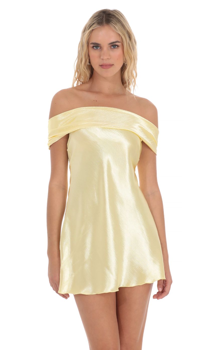Picture Satin Off Shoulder Dress in Yellow. Source: https://media-img.lucyinthesky.com/data/Apr24/850xAUTO/aabe53b5-e15f-43eb-af05-b18eae72e86c.jpg