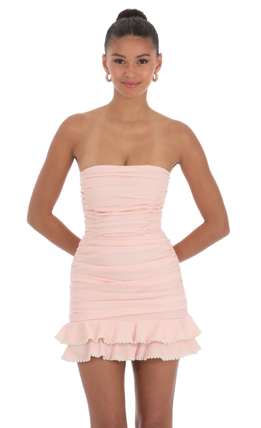 Picture Strapless Ruched Bodycon Dress in Pink. Source: https://media-img.lucyinthesky.com/data/Apr24/850xAUTO/afd55150-7465-4f01-b872-e09cb62347c8.jpg