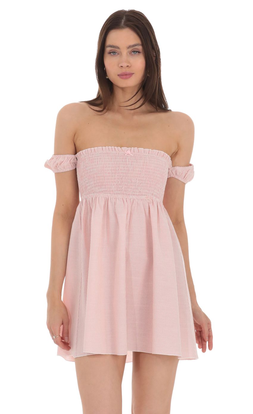 Picture Striped Smocked Off Shoulder Dress in Pink. Source: https://media-img.lucyinthesky.com/data/Apr24/850xAUTO/b5487a0f-2ff3-4677-88cb-b68845c85ca0.jpg