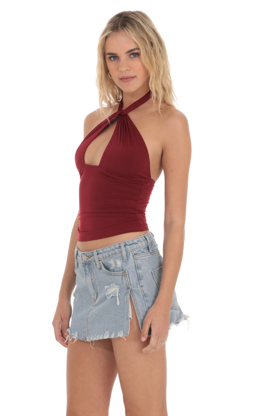 Picture Cross Neck Halter Top in Maroon. Source: https://media-img.lucyinthesky.com/data/Apr24/850xAUTO/b6ccb513-d66c-479f-b256-ff39018c898e.jpg