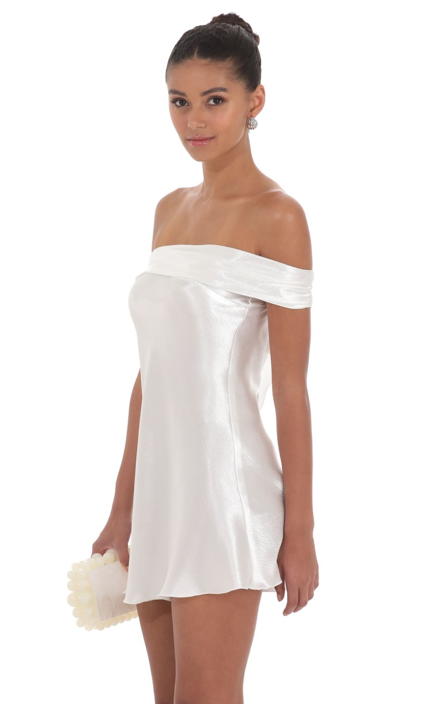 Picture Satin Off Shoulder Dress in White. Source: https://media-img.lucyinthesky.com/data/Apr24/850xAUTO/bf5d9dd0-accc-40ff-a78b-6d3d421a1425.jpg