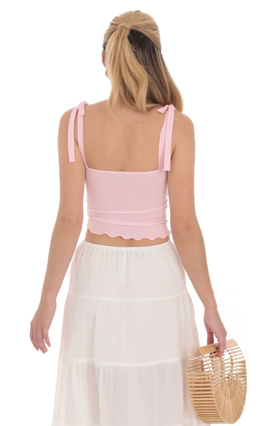 Picture Shoulder Ties Twist Top in Pink. Source: https://media-img.lucyinthesky.com/data/Apr24/850xAUTO/c4e7881c-9916-4a80-bed6-65b16e192040.jpg