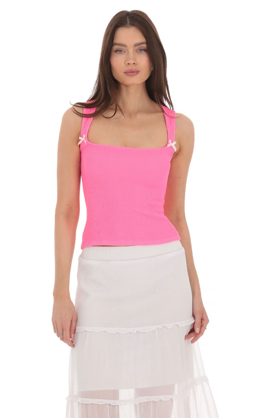 Picture Double Bow Stretch Top in Pink. Source: https://media-img.lucyinthesky.com/data/Apr24/850xAUTO/c7b67f71-5655-444e-827e-781c2b10c21b.jpg