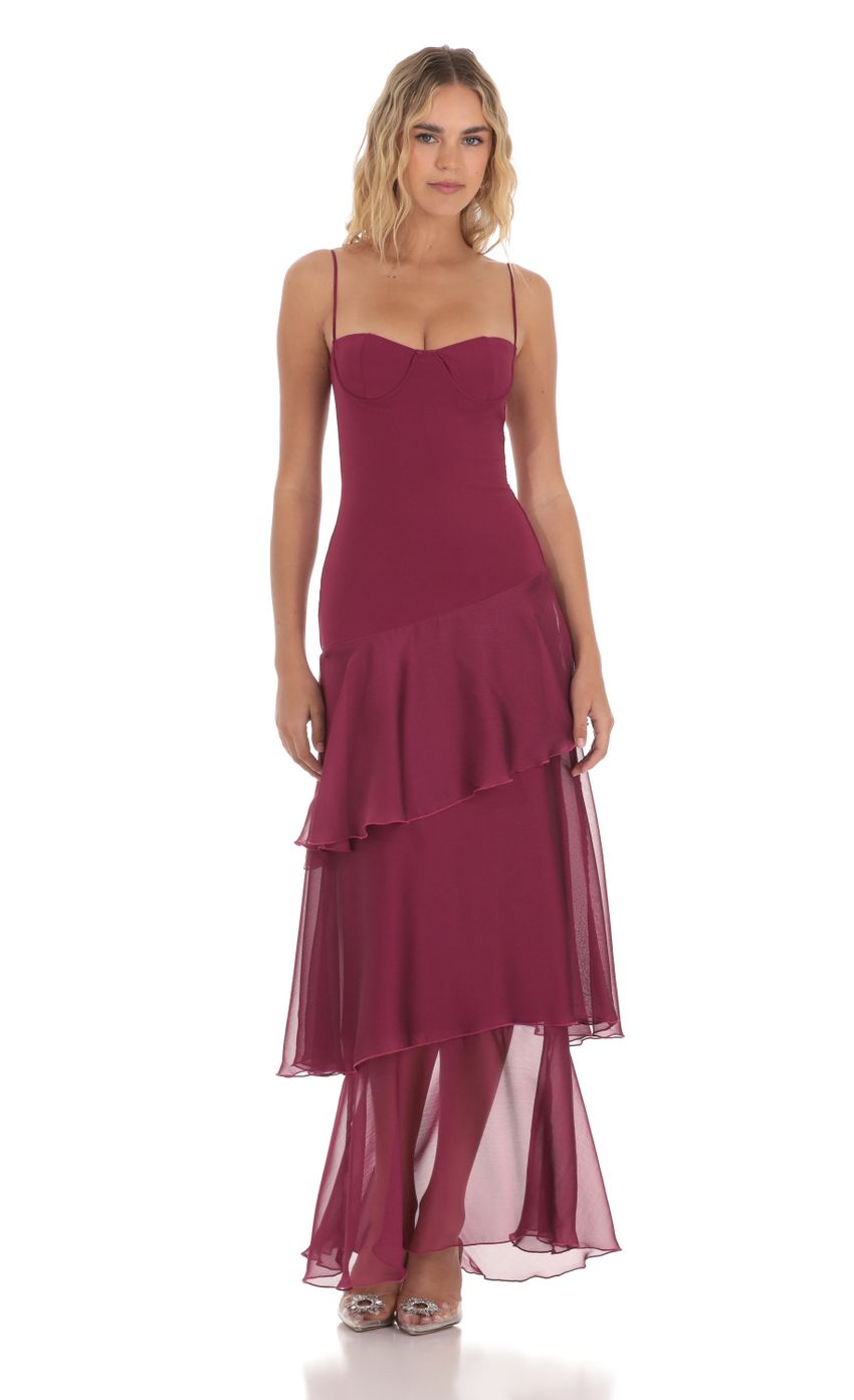 Picture Long Ruffle Maxi Dress in Plum. Source: https://media-img.lucyinthesky.com/data/Apr24/850xAUTO/d096f35c-f20d-4581-897e-cd0aa1d2823c.jpg
