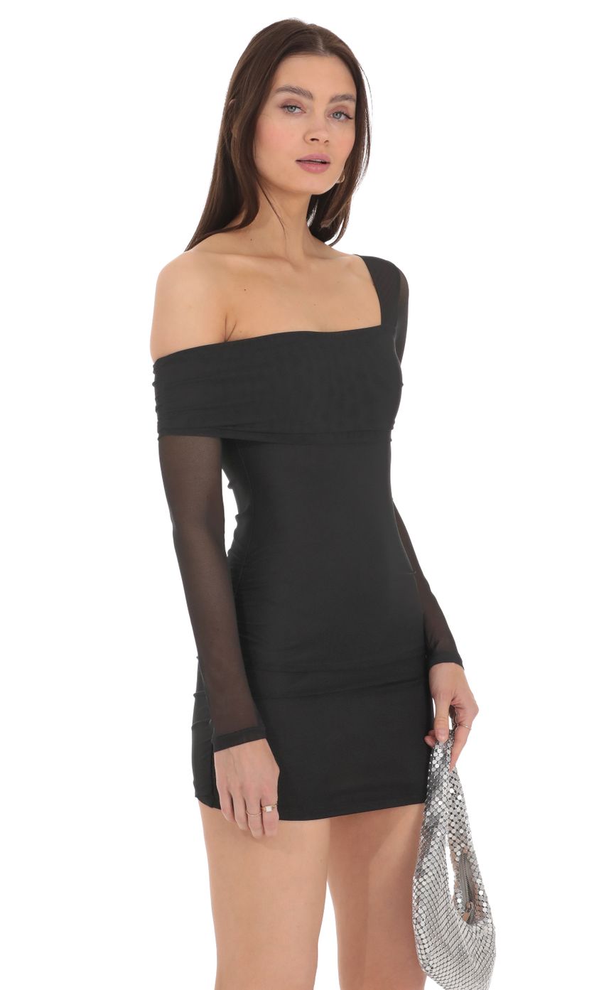 Picture Mesh One Off Shoulder Long Sleeve Dress in Black. Source: https://media-img.lucyinthesky.com/data/Apr24/850xAUTO/d9860b69-00d7-4c67-a280-81339c20c941.jpg