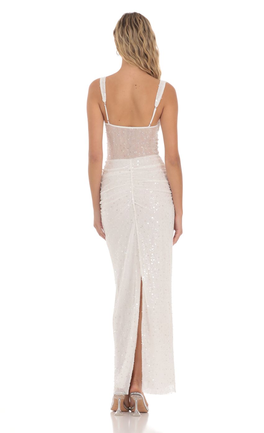 Picture Sequin Pear Twist Ruched Maxi Dress in White. Source: https://media-img.lucyinthesky.com/data/Apr24/850xAUTO/e01460dc-ba17-495e-9d04-2e50285c11c8.jpg