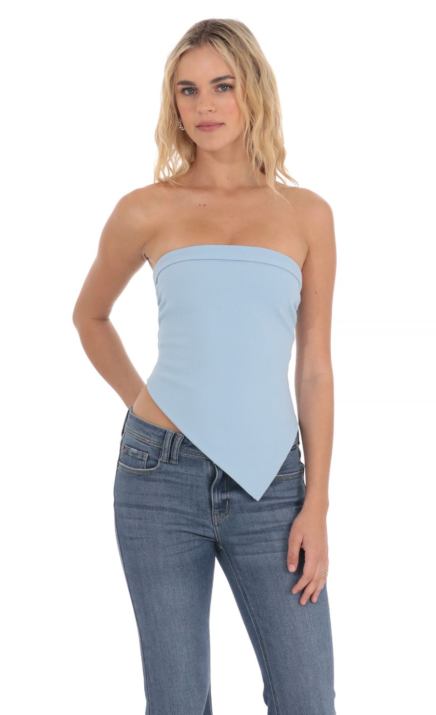 Picture Strapless Asymmetrical Top in Light Blue. Source: https://media-img.lucyinthesky.com/data/Apr24/850xAUTO/e973677e-842f-40ab-a1fd-71095a85d377.jpg