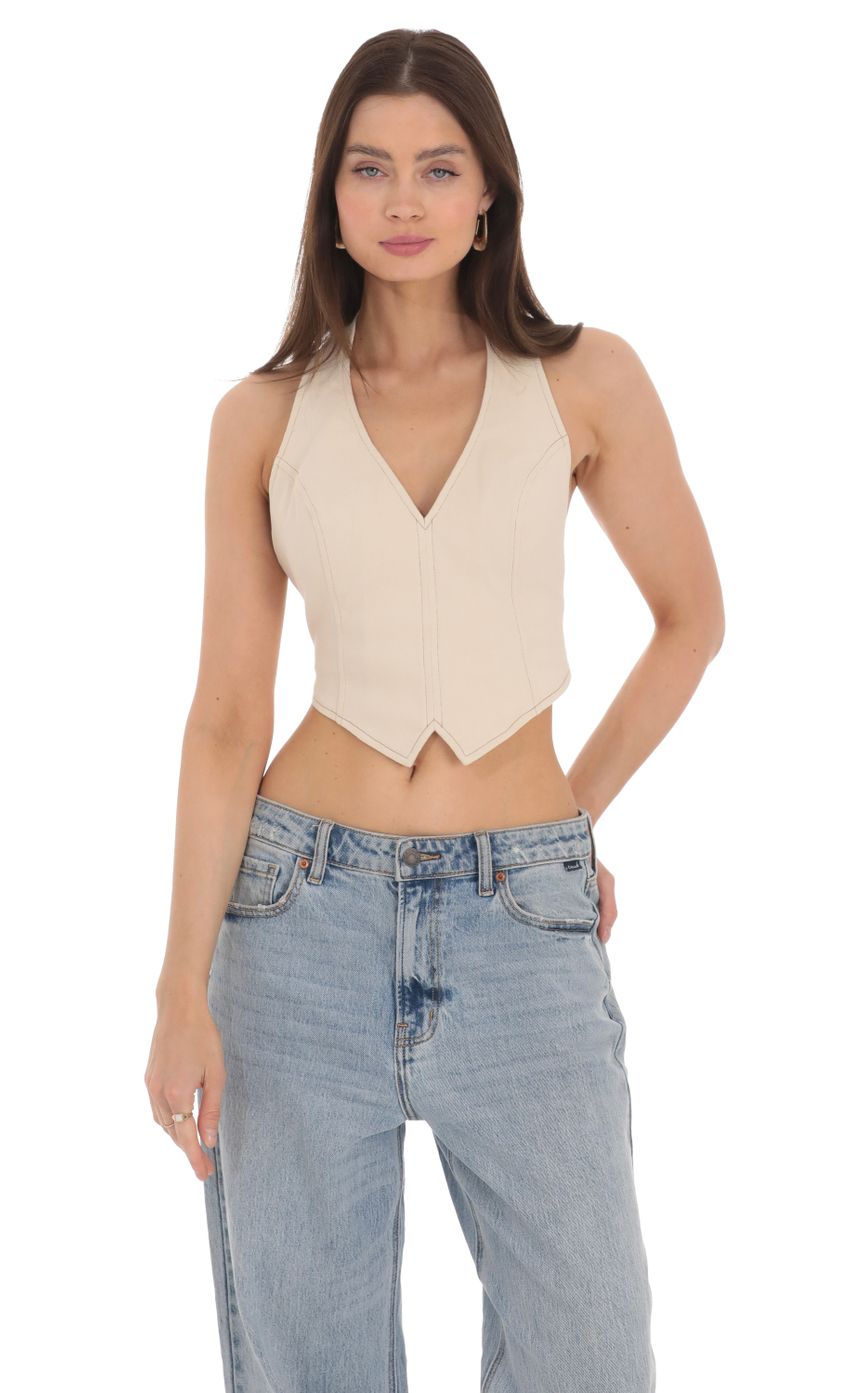 Picture Denim Halter Top in Cream. Source: https://media-img.lucyinthesky.com/data/Apr24/850xAUTO/ea9caf3b-419e-4fe9-8638-7bbb7390d661.jpg