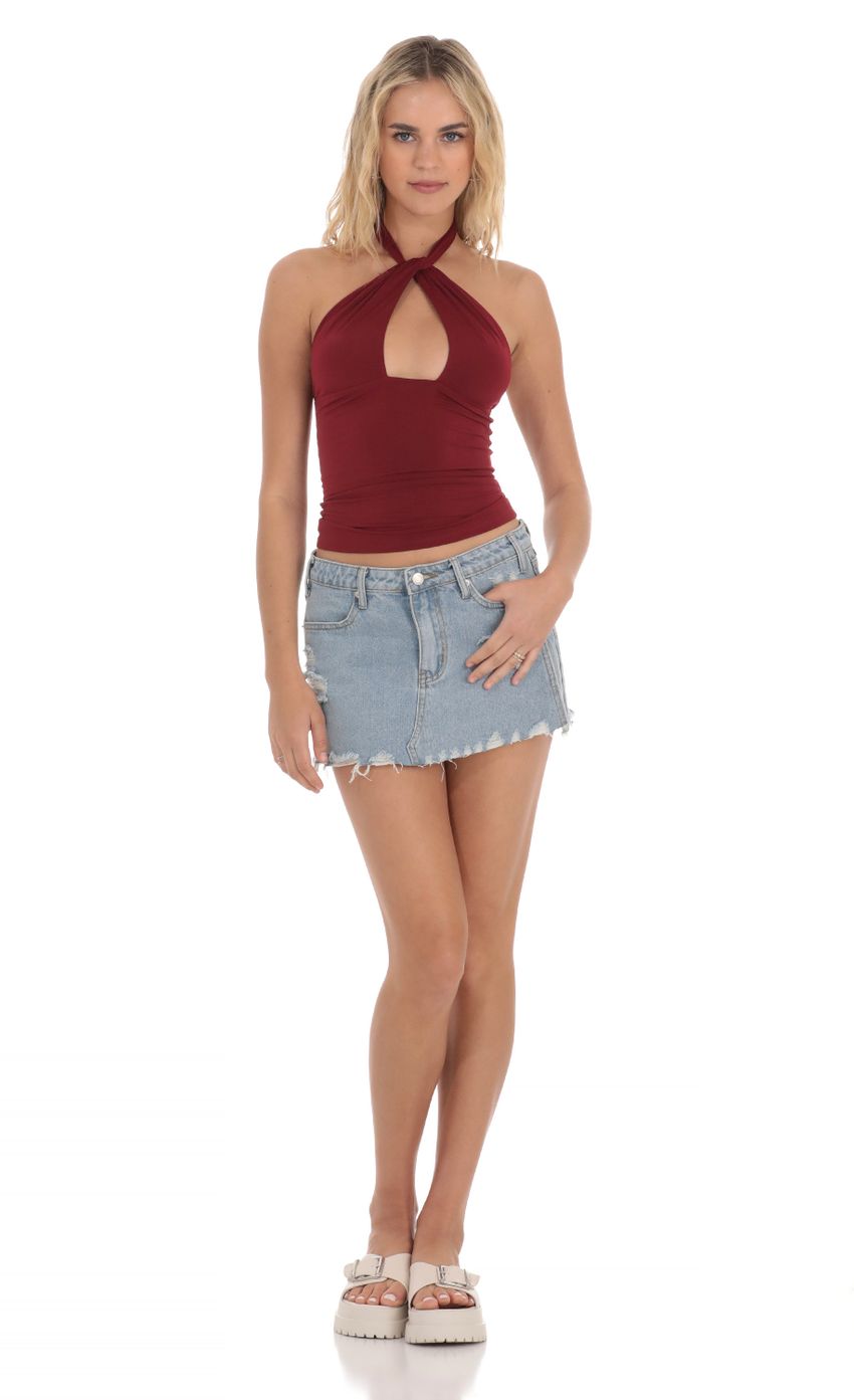 Picture Cross Neck Halter Top in Maroon. Source: https://media-img.lucyinthesky.com/data/Apr24/850xAUTO/f5386ec0-97fa-4e5d-98d2-78853ec50bf5.jpg