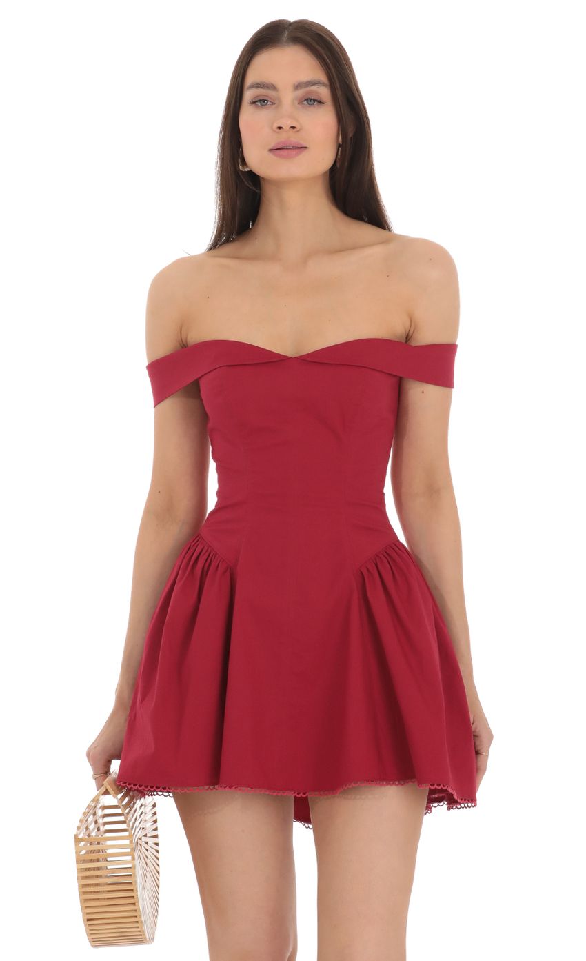 Picture Off Shoulder Fit and Flare Dress in Red. Source: https://media-img.lucyinthesky.com/data/Apr24/850xAUTO/f8cac273-b885-4293-8868-097acf171f61.jpg