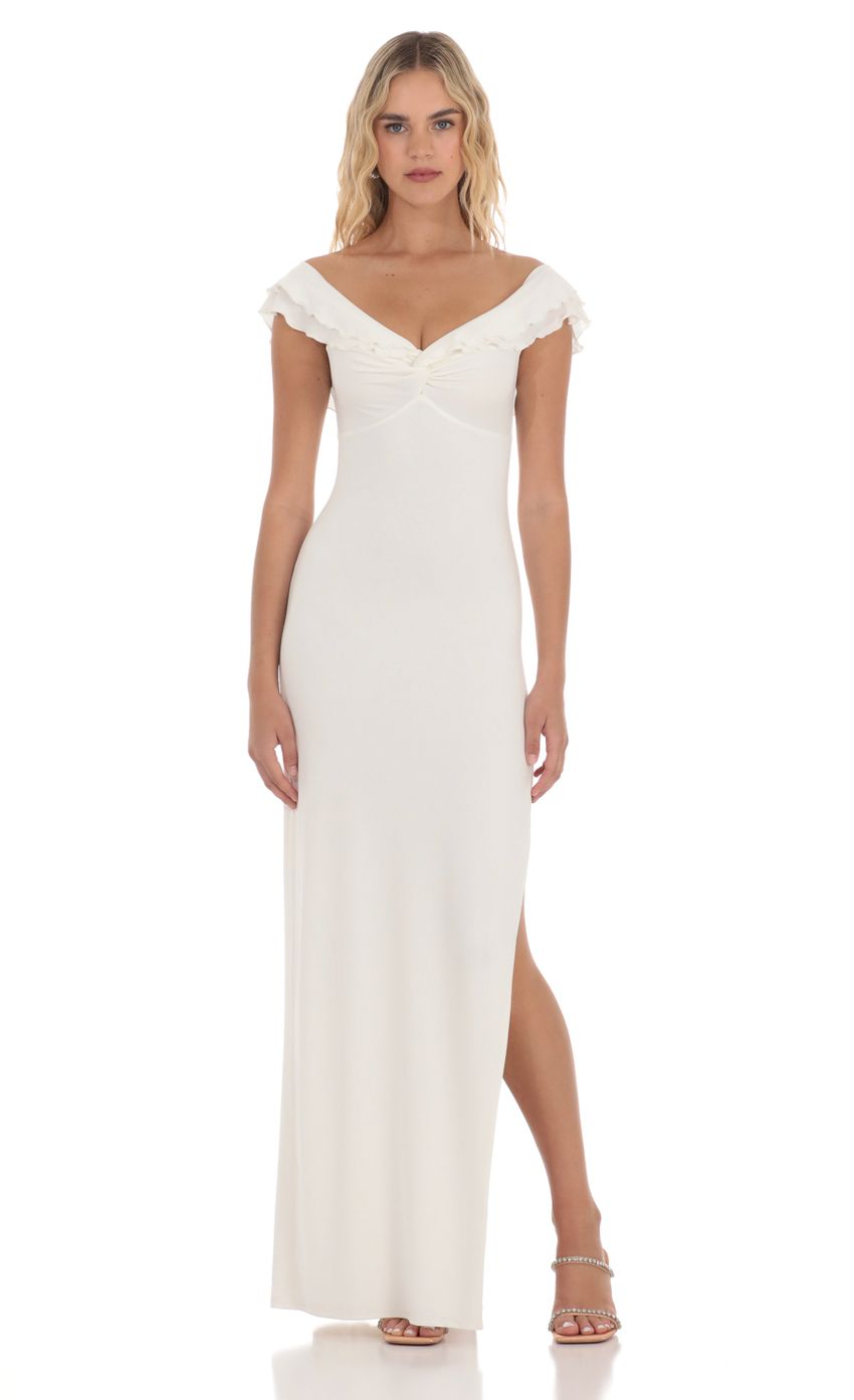 Picture Off Shoulder Twist Maxi Dress in White. Source: https://media-img.lucyinthesky.com/data/Apr24/850xAUTO/f9682545-5318-47cb-be0c-91f898f87460.jpg