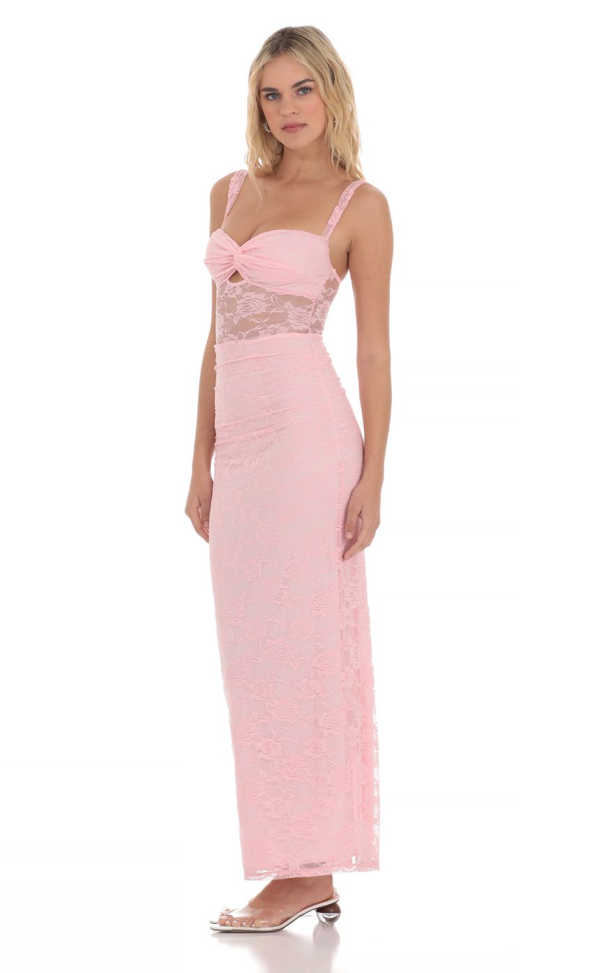Picture Lace Twist Ruched Maxi Dress in Pink. Source: https://media-img.lucyinthesky.com/data/Apr24/850xAUTO/fe4d74f5-b965-4ba2-9a70-b9c6db3505a8.jpg
