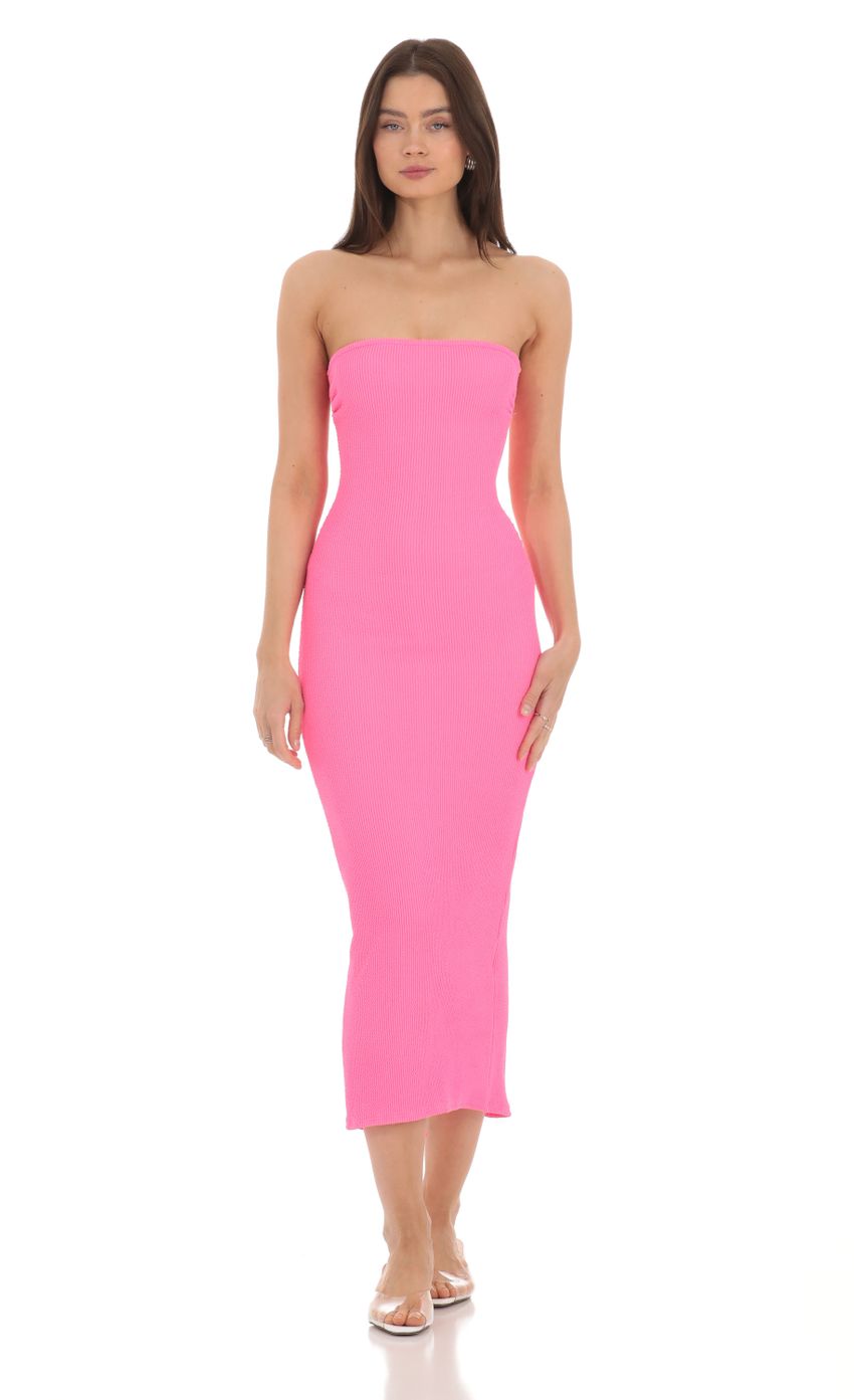 Picture Strapless Textured Midi Dress in Neon Pink. Source: https://media-img.lucyinthesky.com/data/Apr24/850xAUTO/fe7dcdae-1e37-4b53-9a29-c1c426f6cb1a.jpg