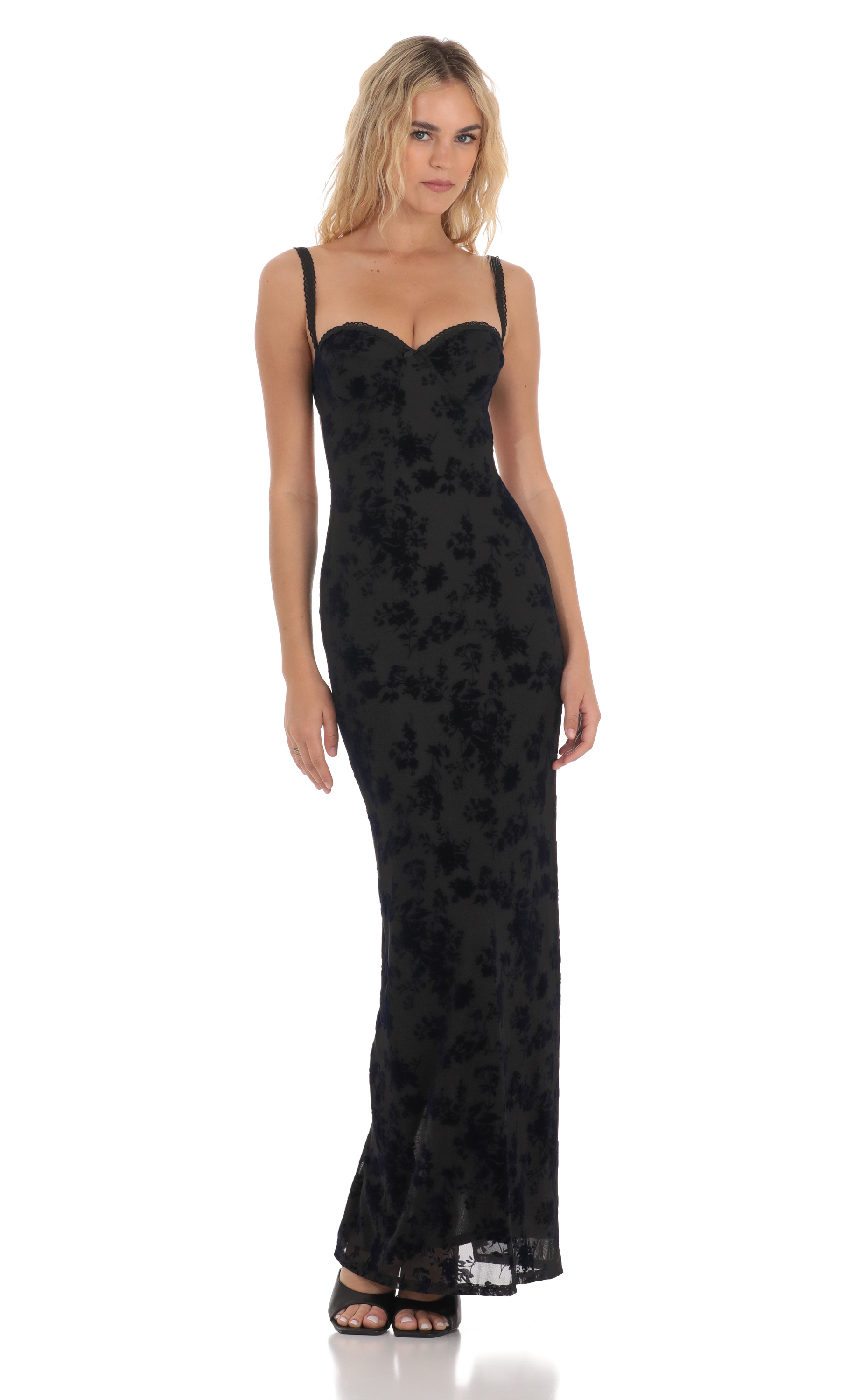 Mesh Velvet Floral Maxi Dress in Black