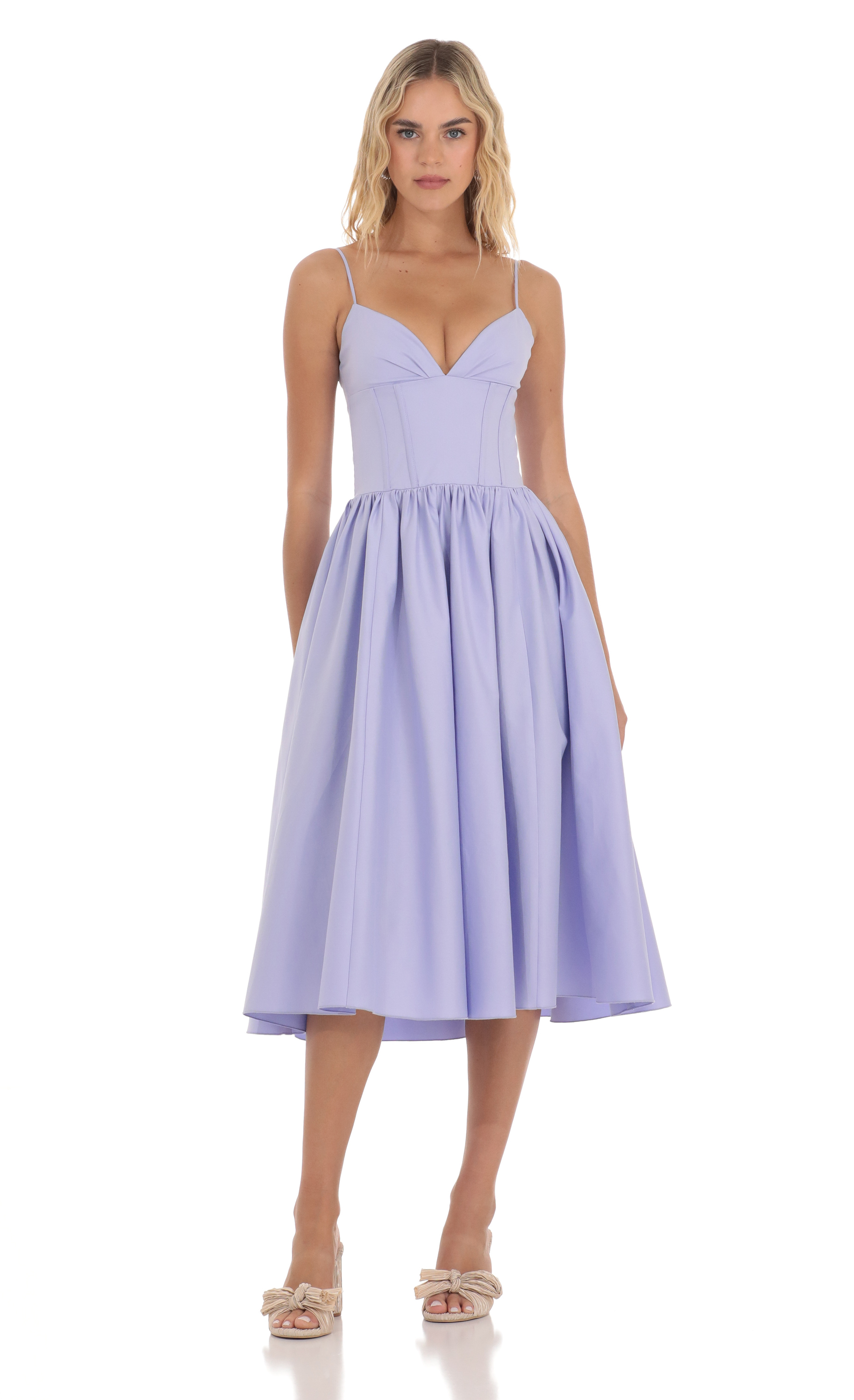 Corset V-Neck Midi Dress in Lavender