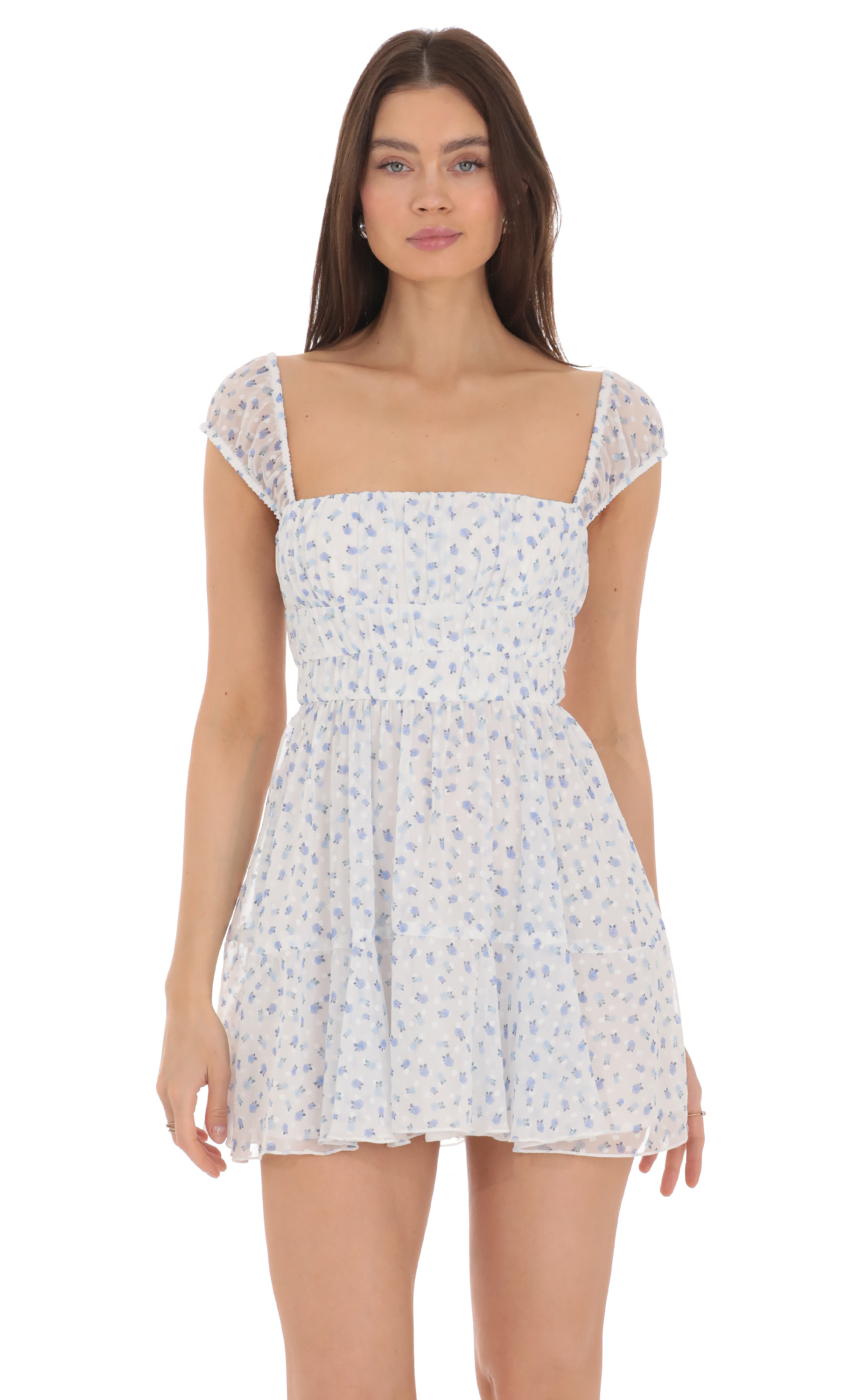 Chiffon Floral Cap Sleeve Dress in White