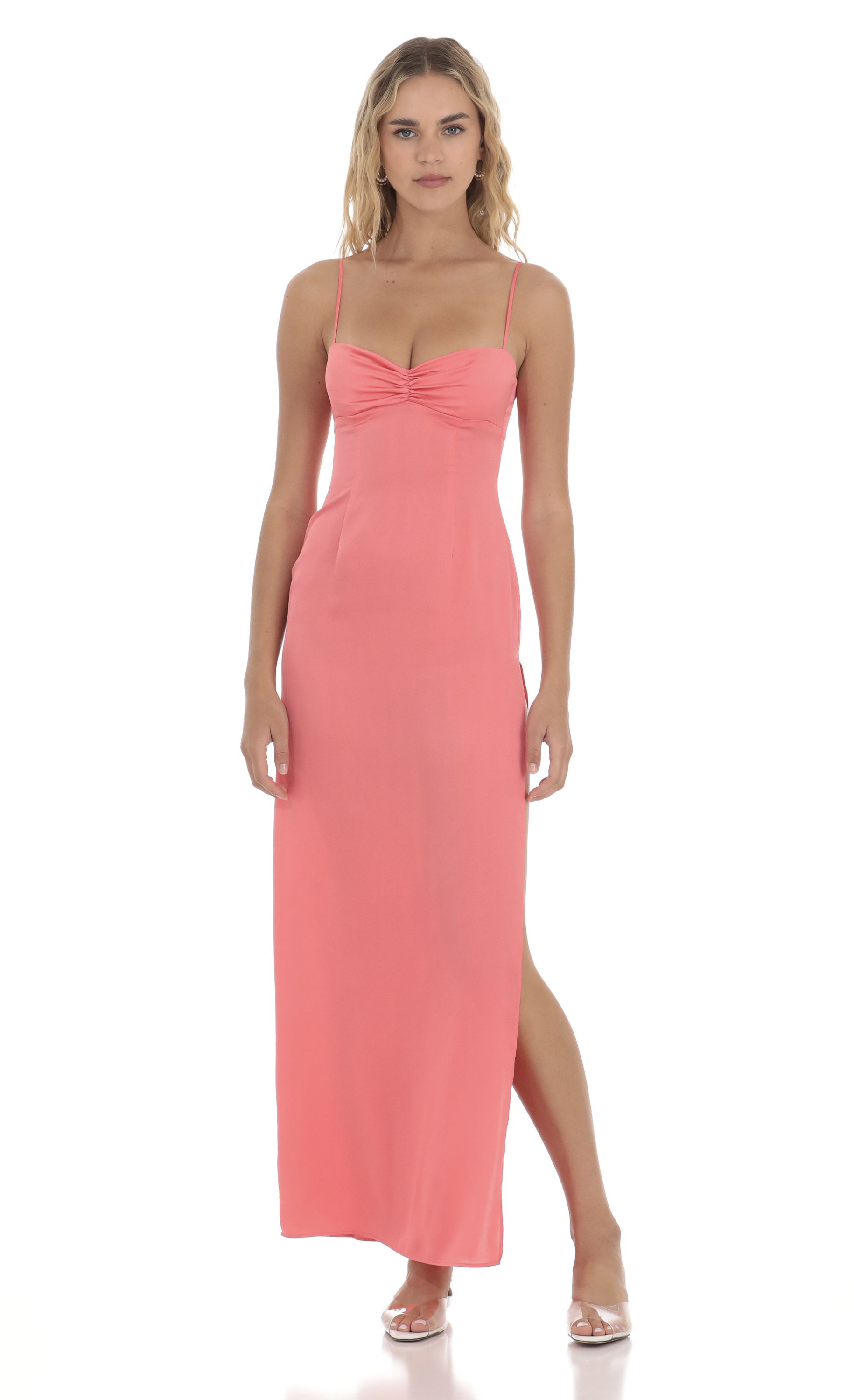 Satin Cinched Maxi Dress in Coral