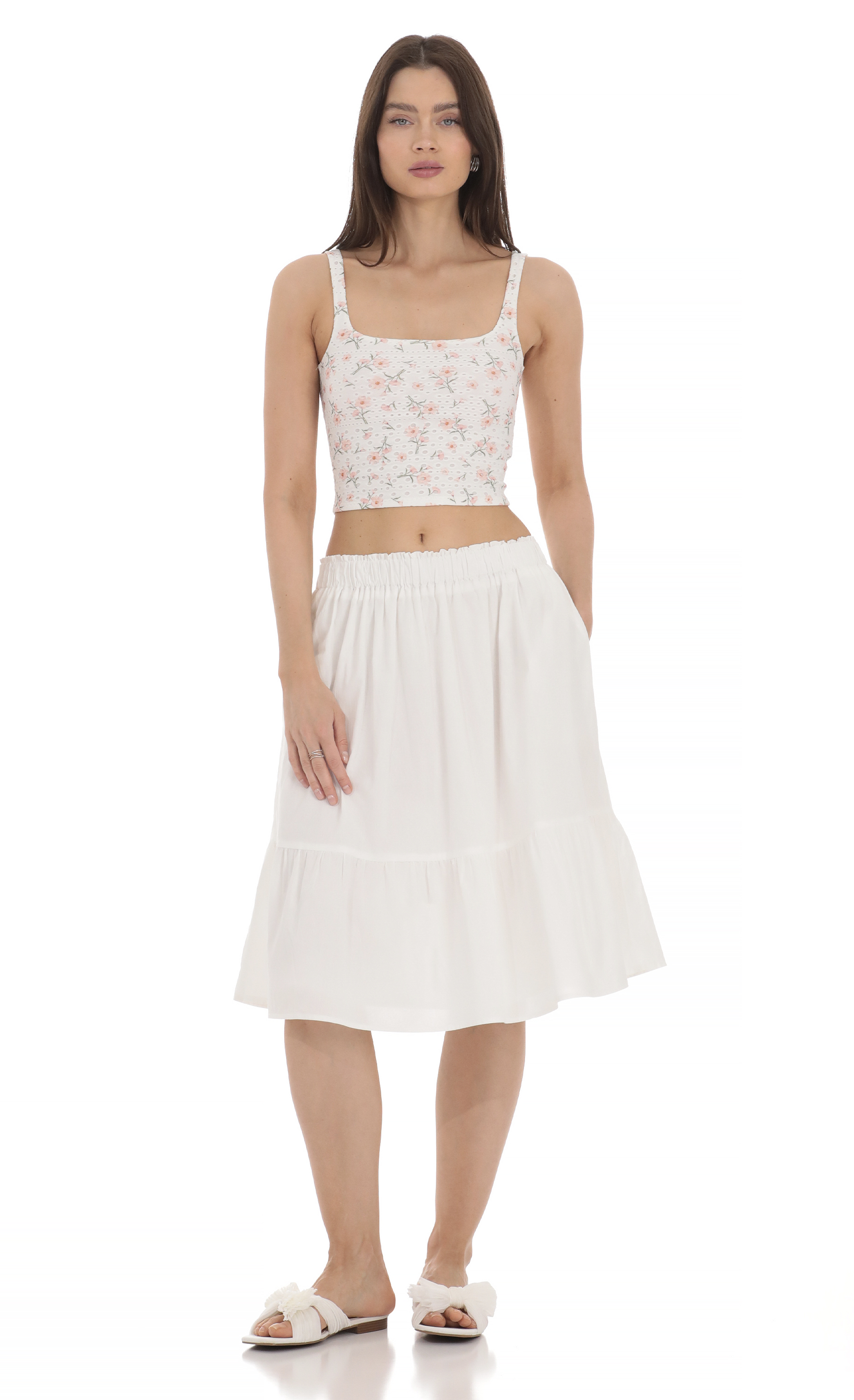 Drawstring Midi Skirt in White