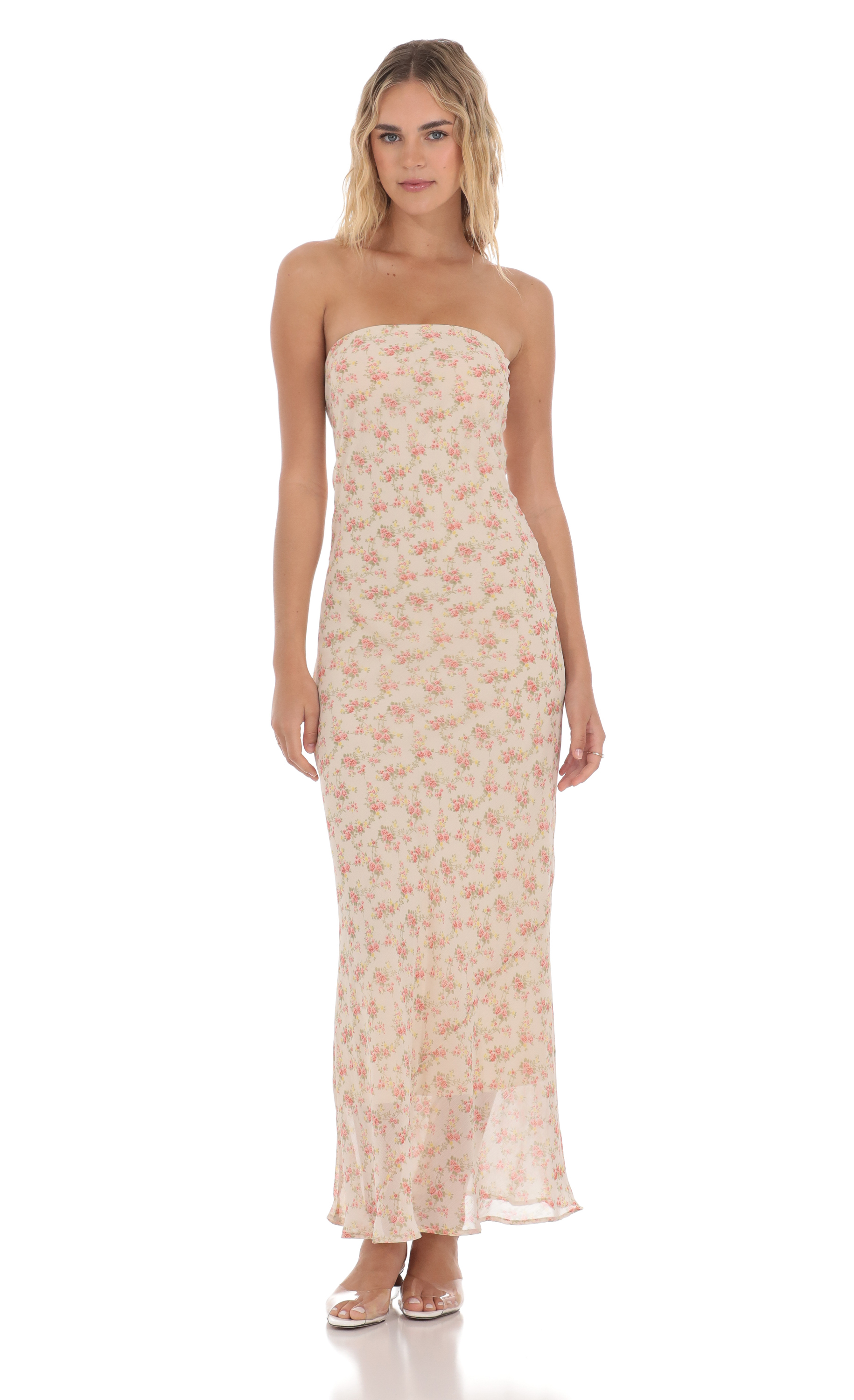 Strapless Floral Maxi Dress in Cream