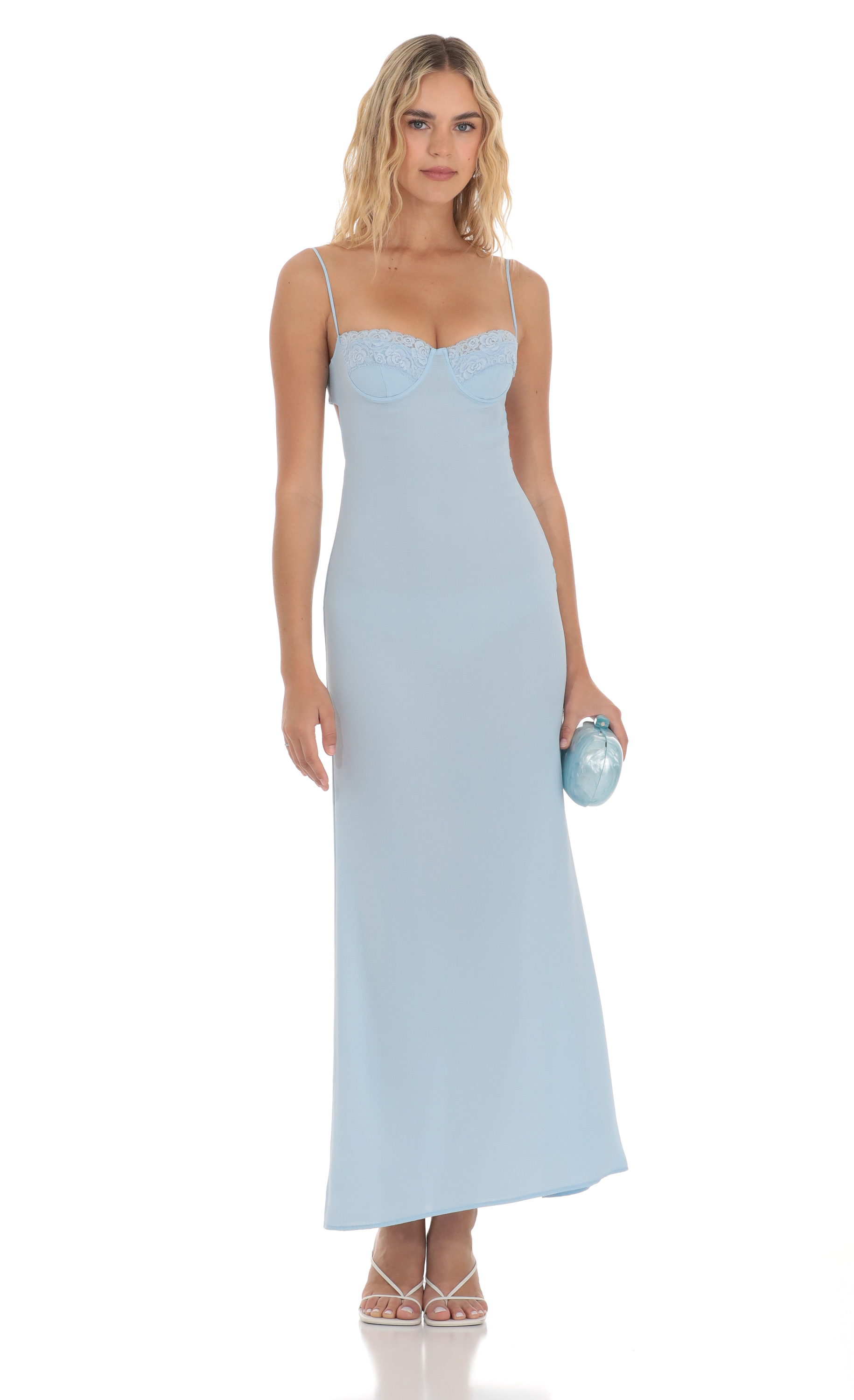 Lace Trim Maxi Dress in Light Blue