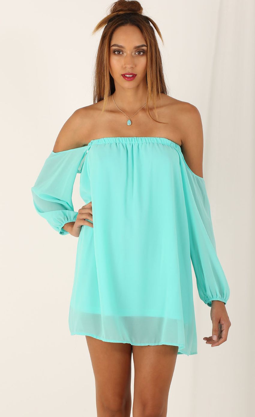 Picture Shoulderless Long Sleeve Dress in Mint. Source: https://media-img.lucyinthesky.com/data/Aug15_2/850xAUTO/0Y5A5178.JPG