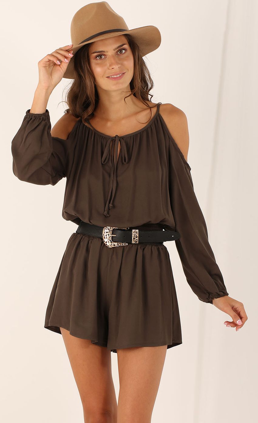 Picture Shoulderless Playsuit in Brown. Source: https://media-img.lucyinthesky.com/data/Aug15_2/850xAUTO/0Y5A5777.JPG