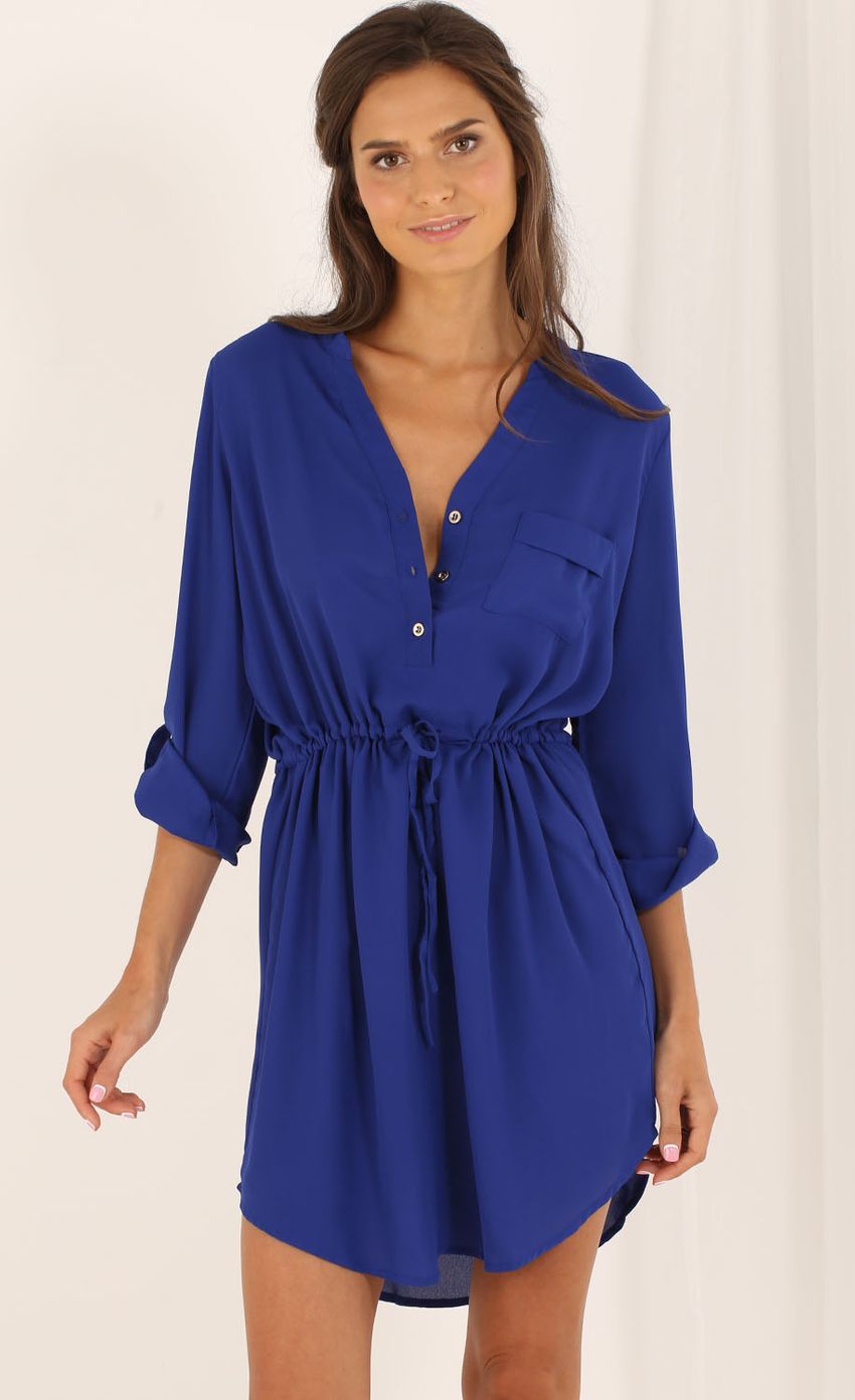 Picture Long Sleeve Shirt Dress with Tied Waist in Blue. Source: https://media-img.lucyinthesky.com/data/Aug15_2/850xAUTO/0Y5A6083.JPG