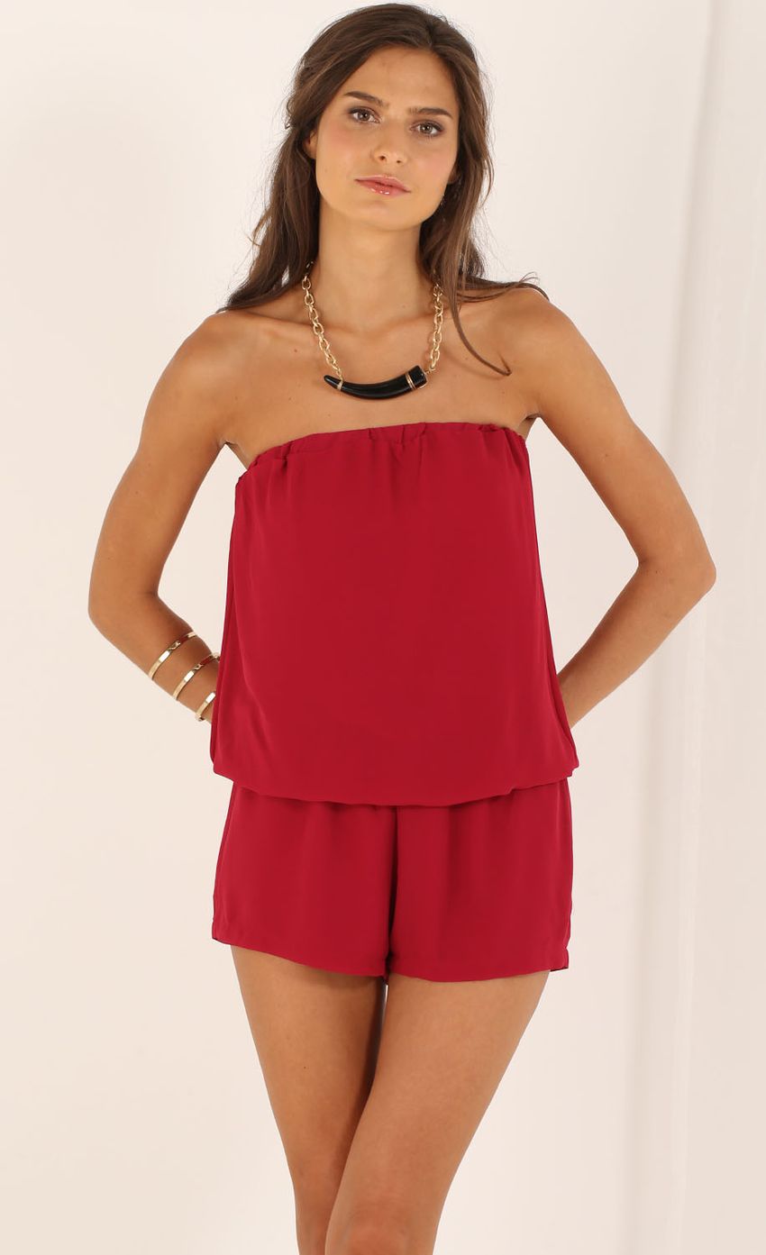 Picture Strapless Playsuit in Cranberry. Source: https://media-img.lucyinthesky.com/data/Aug15_2/850xAUTO/0Y5A6572.JPG