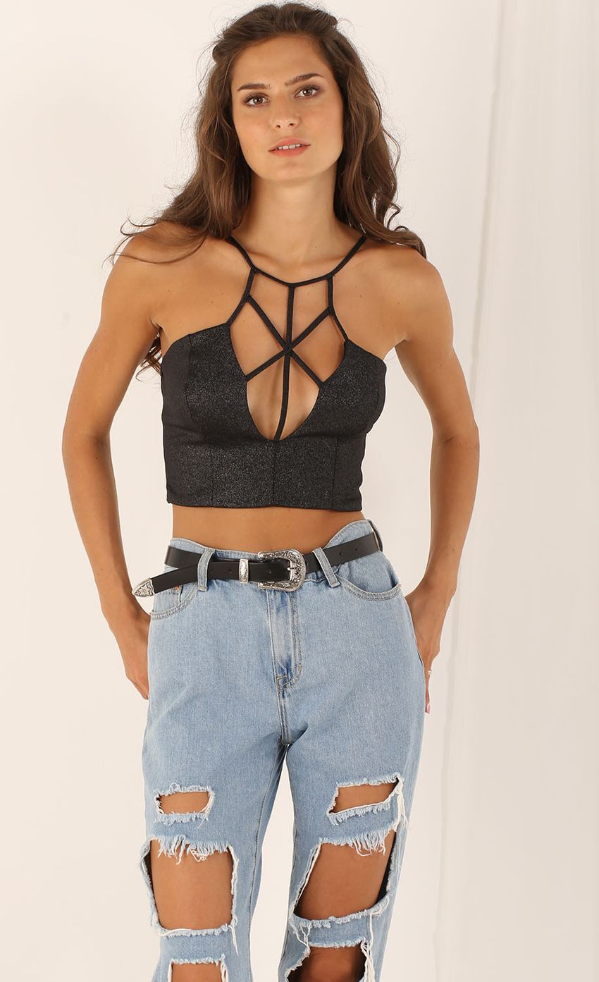 Picture Strappy Geometric Bustier Crop Top. Source: https://media-img.lucyinthesky.com/data/Aug15_2/850xAUTO/0Y5A7531.JPG