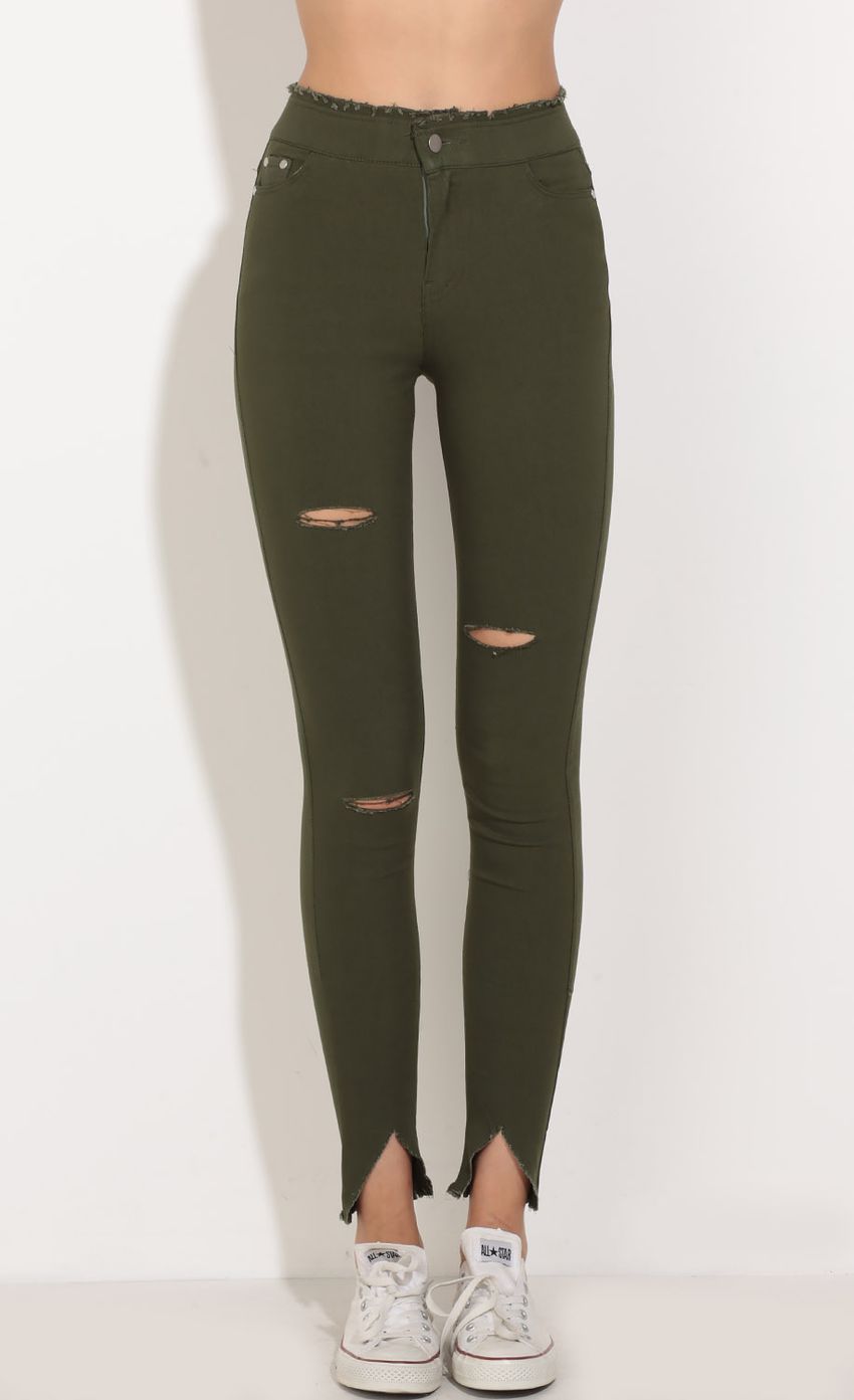 Picture Distressed Edges High Waisted Jeans In Forest Green. Source: https://media-img.lucyinthesky.com/data/Aug16_1/850xAUTO/0Y5A0536.JPG