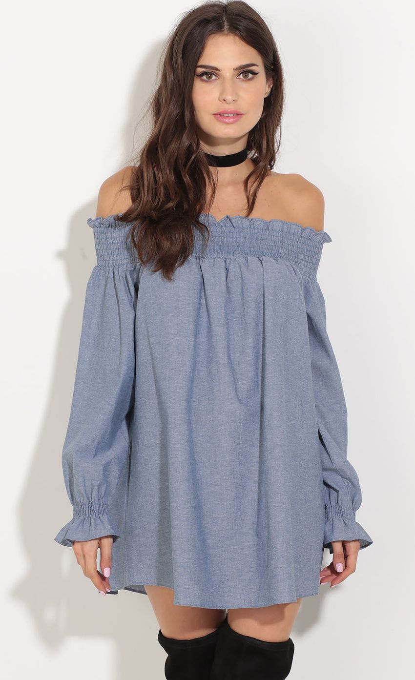 Picture Off The Shoulder Denim Dress. Source: https://media-img.lucyinthesky.com/data/Aug16_1/850xAUTO/0Y5A0915.JPG