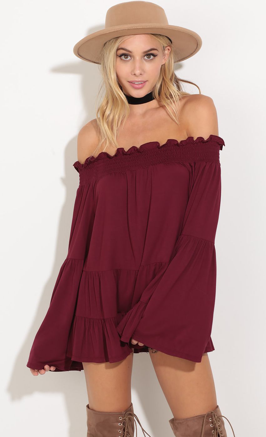 Picture Tiered Off The Shoulder Top In Burgundy. Source: https://media-img.lucyinthesky.com/data/Aug16_1/850xAUTO/0Y5A1632.JPG