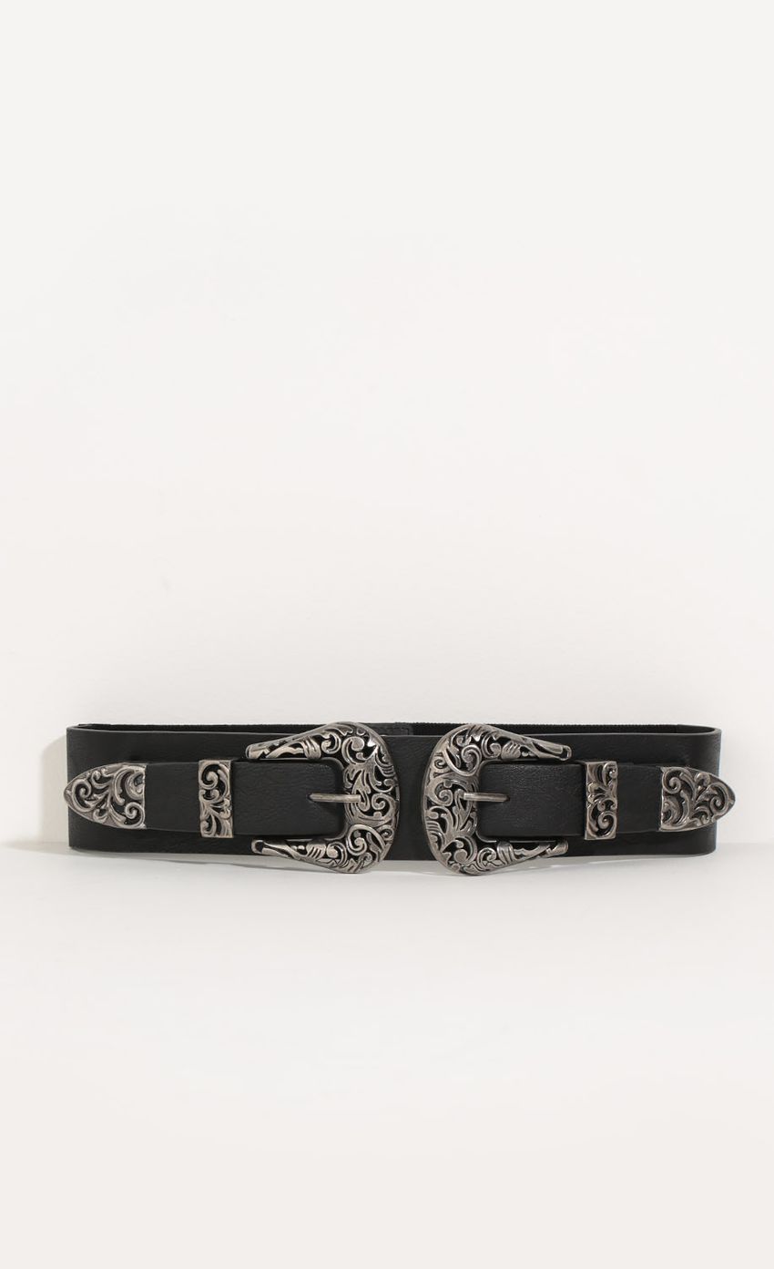 Picture Filigree Embossed Double Buckle Waist Belt In Rustic Silver. Source: https://media-img.lucyinthesky.com/data/Aug16_1/850xAUTO/0Y5A8035.JPG